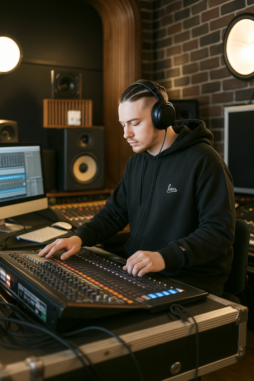 Fonico al lavoro con cuffie e mixer