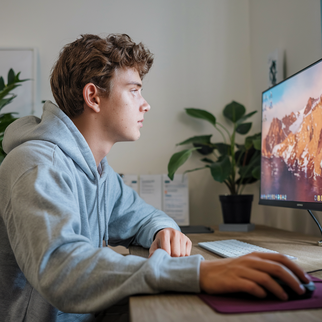 Studente al computer durante una sessione di produzione musicale