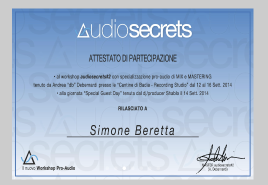 Attestato del workshop audiosecrets#2 di mix e mastering