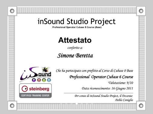 Attestato inSound Studio Project, corso Professional Operator Cubase 8 (Steinberg)